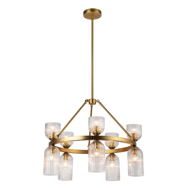 Ten Light Chandelier<br /><span style="color:#4AB0CE;">Entrega: 4-10 dias en USA</span><br /><span style="color:#4AB0CE;font-size:60%;">PREGUNTE POR ENTREGA EN PANAMA</span><br />Collection: Nelly<br />Finish: Brushed Gold/Clear Ribbed Glass