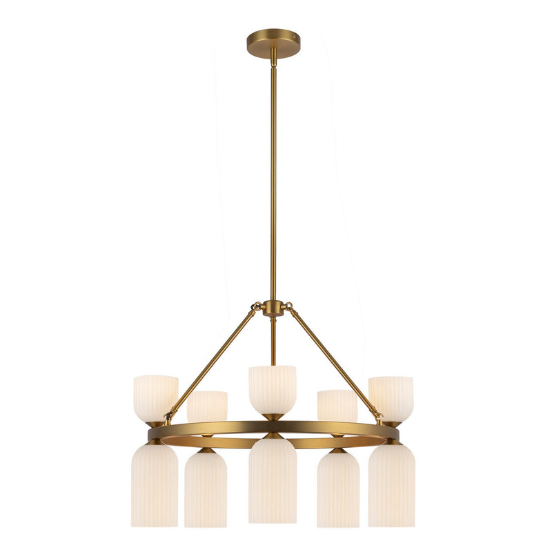 Ten Light Chandelier<br /><span style="color:#4AB0CE;">Entrega: 4-10 dias en USA</span><br /><span style="color:#4AB0CE;font-size:60%;">PREGUNTE POR ENTREGA EN PANAMA</span><br />Collection: Nelly<br />Finish: Brushed Gold/Glossy Ribbed Opal Glass
