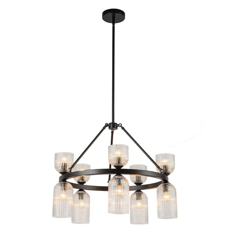 Ten Light Chandelier<br /><span style="color:#4AB0CE;">Entrega: 4-10 dias en USA</span><br /><span style="color:#4AB0CE;font-size:60%;">PREGUNTE POR ENTREGA EN PANAMA</span><br />Collection: Nelly<br />Finish: Matte Black/Clear Ribbed Glass
