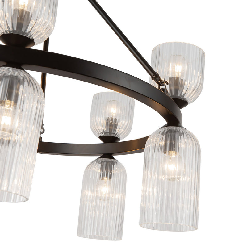 Ten Light Chandelier<br /><span style="color:#4AB0CE;">Entrega: 4-10 dias en USA</span><br /><span style="color:#4AB0CE;font-size:60%;">PREGUNTE POR ENTREGA EN PANAMA</span><br />Collection: Nelly<br />Finish: Matte Black/Clear Ribbed Glass