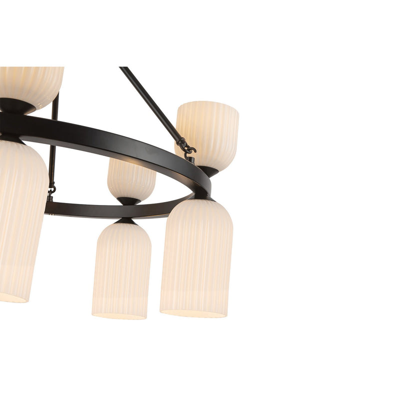 Ten Light Chandelier<br /><span style="color:#4AB0CE;">Entrega: 4-10 dias en USA</span><br /><span style="color:#4AB0CE;font-size:60%;">PREGUNTE POR ENTREGA EN PANAMA</span><br />Collection: Nelly<br />Finish: Matte Black/Glossy Ribbed Opal Glass