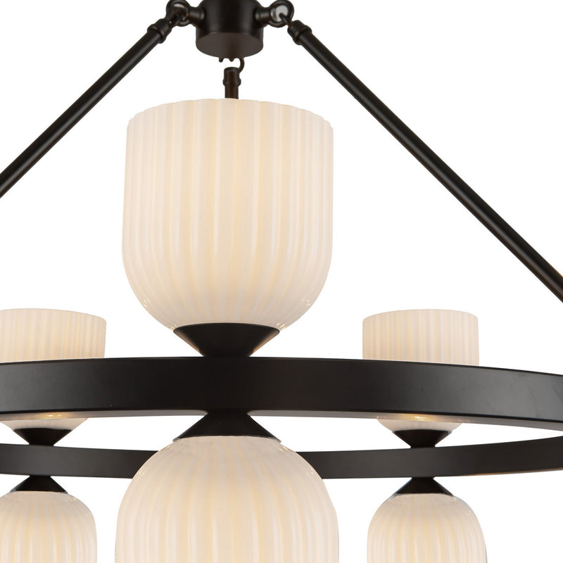 Alora - CH442626MBGR - Ten Light Chandelier - Nelly - Matte Black/Glossy Ribbed Opal Glass