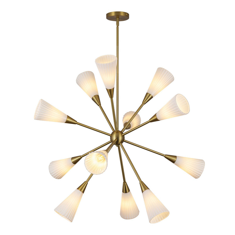 12 Light Chandelier<br /><span style="color:#4AB0CE;">Entrega: 4-10 dias en USA</span><br /><span style="color:#4AB0CE;font-size:60%;">PREGUNTE POR ENTREGA EN PANAMA</span><br />Collection: Cosmo<br />Finish: Brushed Gold/Glossy Ribbed Opal Glass