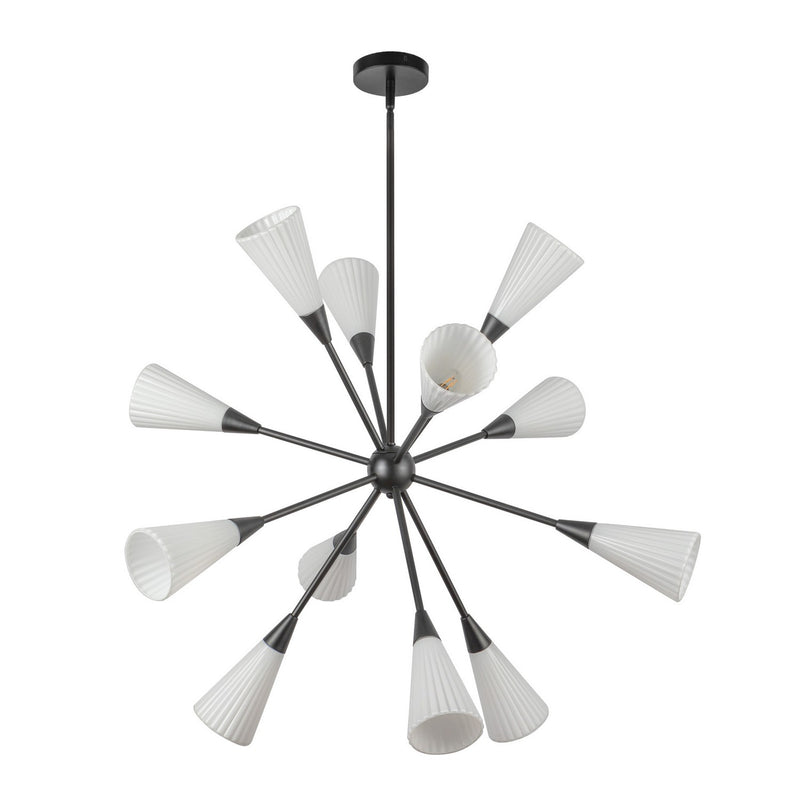 12 Light Chandelier<br /><span style="color:#4AB0CE;">Entrega: 4-10 dias en USA</span><br /><span style="color:#4AB0CE;font-size:60%;">PREGUNTE POR ENTREGA EN PANAMA</span><br />Collection: Cosmo<br />Finish: Matte Black/Glossy Ribbed Opal Glass