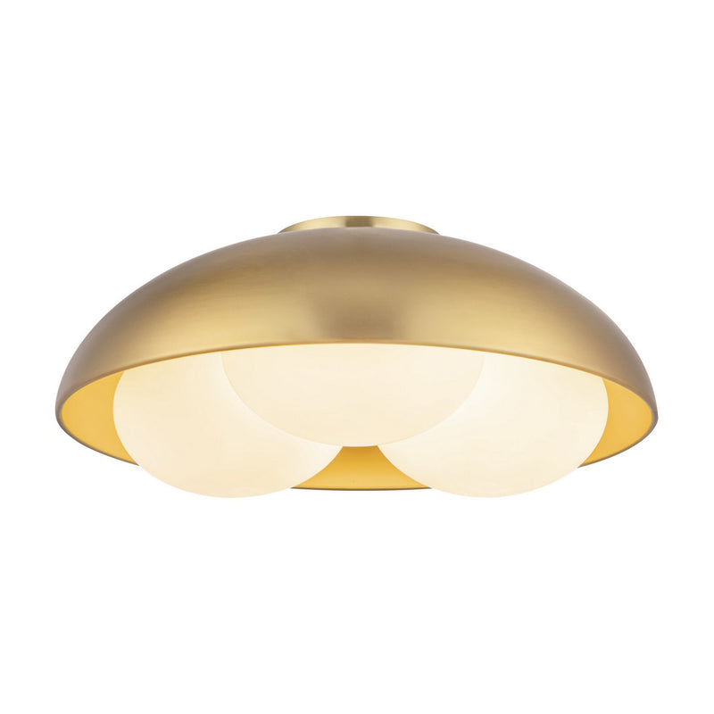 Three Light Flush Mount<br /><span style="color:#4AB0CE;">Entrega: 4-10 dias en USA</span><br /><span style="color:#4AB0CE;font-size:60%;">PREGUNTE POR ENTREGA EN PANAMA</span><br />Collection: Robyn<br />Finish: Brushed Gold/Opal Glass