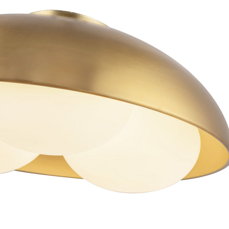Three Light Flush Mount<br /><span style="color:#4AB0CE;">Entrega: 4-10 dias en USA</span><br /><span style="color:#4AB0CE;font-size:60%;">PREGUNTE POR ENTREGA EN PANAMA</span><br />Collection: Robyn<br />Finish: Brushed Gold/Opal Glass