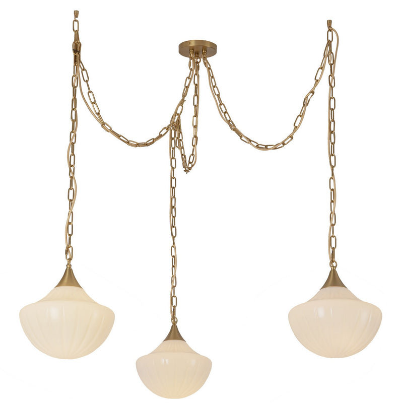 Three Light Pendant<br /><span style="color:#4AB0CE;">Entrega: 4-10 dias en USA</span><br /><span style="color:#4AB0CE;font-size:60%;">PREGUNTE POR ENTREGA EN PANAMA</span><br />Collection: Farrah<br />Finish: Brushed Gold/Glossy Ribbed Opal Glass