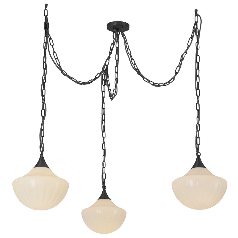 Three Light Pendant<br /><span style="color:#4AB0CE;">Entrega: 4-10 dias en USA</span><br /><span style="color:#4AB0CE;font-size:60%;">PREGUNTE POR ENTREGA EN PANAMA</span><br />Collection: Farrah<br />Finish: Matte Black/Glossy Ribbed Opal Glass