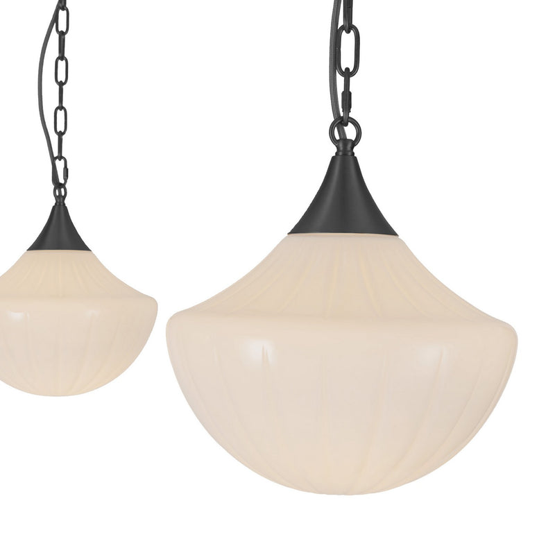 Three Light Pendant<br /><span style="color:#4AB0CE;">Entrega: 4-10 dias en USA</span><br /><span style="color:#4AB0CE;font-size:60%;">PREGUNTE POR ENTREGA EN PANAMA</span><br />Collection: Farrah<br />Finish: Matte Black/Glossy Ribbed Opal Glass