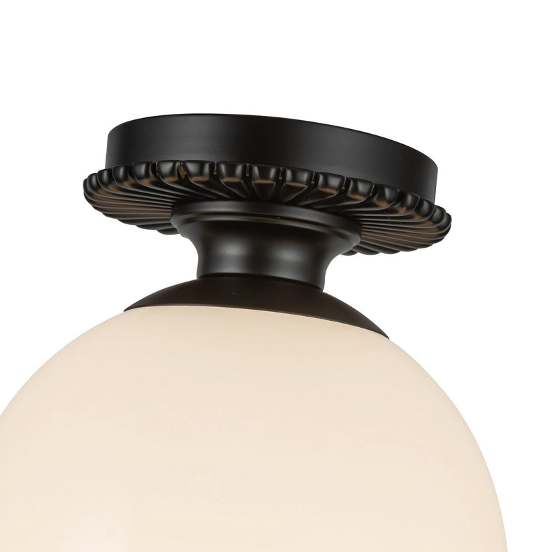 One Light Semi-Flush Mount<br /><span style="color:#4AB0CE;">Entrega: 4-10 dias en USA</span><br /><span style="color:#4AB0CE;font-size:60%;">PREGUNTE POR ENTREGA EN PANAMA</span><br />Collection: Otis<br />Finish: Matte Black/Glossy Opal Glass