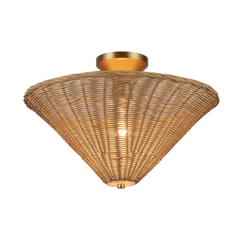 One Light Semi-Flush Mount<br /><span style="color:#4AB0CE;">Entrega: 4-10 dias en USA</span><br /><span style="color:#4AB0CE;font-size:60%;">PREGUNTE POR ENTREGA EN PANAMA</span><br />Collection: Bridgette<br />Finish: Brushed Gold/Rattan