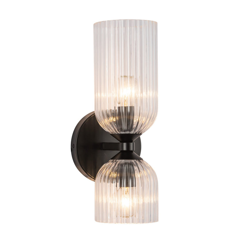 Two Light Vanity<br /><span style="color:#4AB0CE;">Entrega: 4-10 dias en USA</span><br /><span style="color:#4AB0CE;font-size:60%;">PREGUNTE POR ENTREGA EN PANAMA</span><br />Collection: Nelly<br />Finish: Matte Black/Clear Ribbed Glass