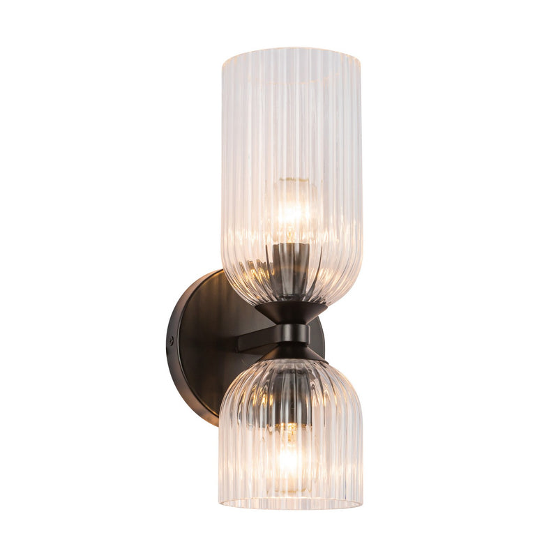 Two Light Vanity<br /><span style="color:#4AB0CE;">Entrega: 4-10 dias en USA</span><br /><span style="color:#4AB0CE;font-size:60%;">PREGUNTE POR ENTREGA EN PANAMA</span><br />Collection: Nelly<br />Finish: Matte Black/Clear Ribbed Glass