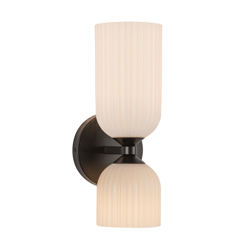 Two Light Vanity<br /><span style="color:#4AB0CE;">Entrega: 2-3 semanas en USA</span><br /><span style="color:#4AB0CE;font-size:60%;">PREGUNTE POR ENTREGA EN PANAMA</span><br />Collection: Nelly<br />Finish: Matte Black/Glossy Ribbed Opal Glass