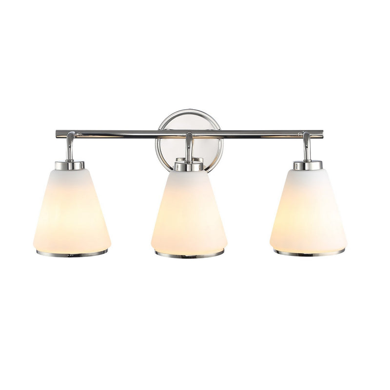 Three Light Bathroom Vanity<br /><span style="color:#4AB0CE;">Entrega: 4-10 dias en USA</span><br /><span style="color:#4AB0CE;font-size:60%;">PREGUNTE POR ENTREGA EN PANAMA</span><br />Collection: Zoey<br />Finish: Polished Nickel