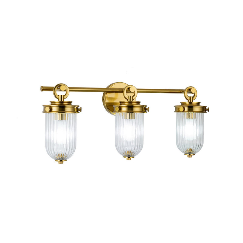 Three Light Bathroom Vanity<br /><span style="color:#4AB0CE;">Entrega: 4-10 dias en USA</span><br /><span style="color:#4AB0CE;font-size:60%;">PREGUNTE POR ENTREGA EN PANAMA</span><br />Collection: Myla<br />Finish: Vintage Brass