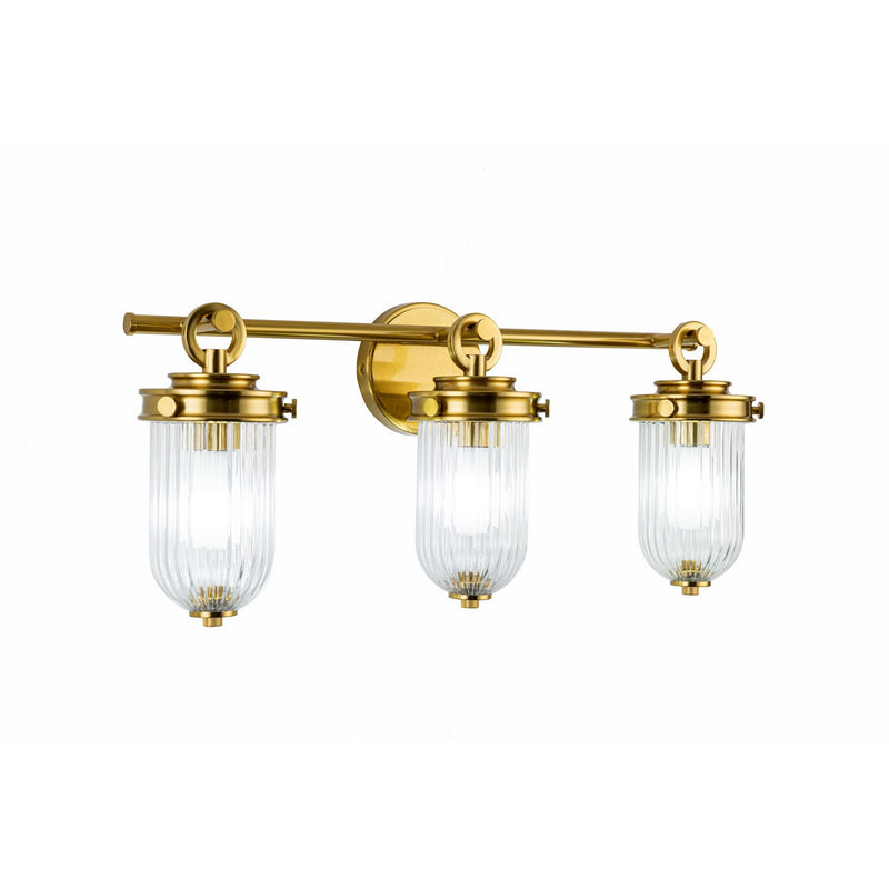 Three Light Bathroom Vanity<br /><span style="color:#4AB0CE;">Entrega: 4-10 dias en USA</span><br /><span style="color:#4AB0CE;font-size:60%;">PREGUNTE POR ENTREGA EN PANAMA</span><br />Collection: Myla<br />Finish: Vintage Brass