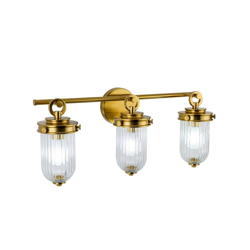 Three Light Bathroom Vanity<br /><span style="color:#4AB0CE;">Entrega: 4-10 dias en USA</span><br /><span style="color:#4AB0CE;font-size:60%;">PREGUNTE POR ENTREGA EN PANAMA</span><br />Collection: Myla<br />Finish: Vintage Brass