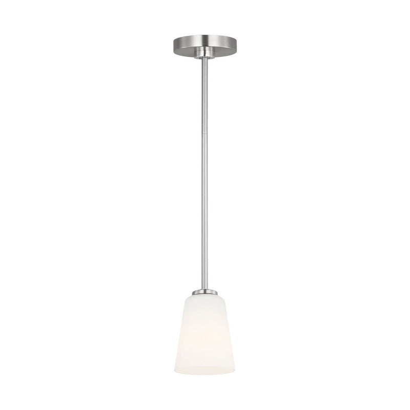 One Light Mini-Pendant<br /><span style="color:#4AB0CE;">Entrega: 4-10 dias en USA</span><br /><span style="color:#4AB0CE;font-size:60%;">PREGUNTE POR ENTREGA EN PANAMA</span><br />Collection: Miles<br />Finish: Brushed Nickel