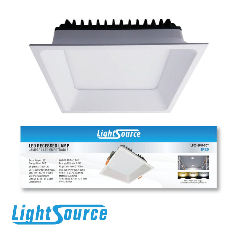 LÁMPARA TIPO PANEL LED 20W, 2300LM, INTERRUPTOR CCT PARA ELEGIR TONALIDAD DE LUZ: 30K, 40K, 60K, 120/277V, 50-60HZ,  RA80 120º PF0.5, ACABADO BLANCO.