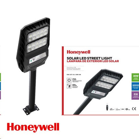 LÁMPARA DE POSTE DE CALLE SOLAR LED 30W, EMITE 162LM/W, TONALIDAD DE 6000K, PANEL SOLAR 7W, GRADO DE PROTECCION IP65, ACABADO NEGRO.