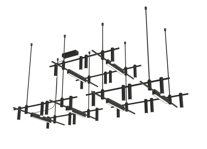 LÁMPARA DE TECHO MODULAR, MARCA LIGHTSOURCE, COMPUESTA POR MULTIPLES SECCIONES Y LUMINARIAS,   BASE CUBO 180W, TONALIDAD DE LUZ EN  (3000K) ,ACABADO SATIN BLACK MATE, 0-10V DIMMABLE, COMPLETAMENTE AJUSTABLE