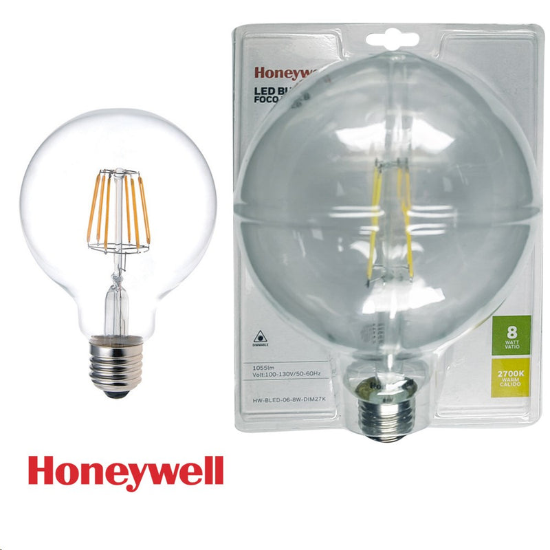 FOCO LED FILAMENTO E27 DIMEABLE G125, 8W, 1055LM, 2700K,100-130V, 50-60HZ  PF>0.5, CRI>80, MARCA HONEYWELL.