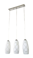 LAMPARA COLGANTE. PANTALLA OPALINA BLANCA DE VIDRIO. UTILIZA  3XE27-40W MAX (NO INCLUIDOS). L-380MM H-270+1000MM