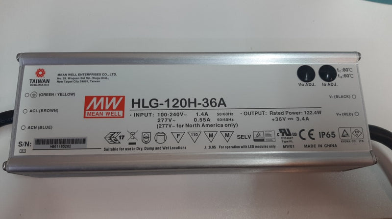 TRANSFORMADOR MEANWELL HLG-120H-36A, 100-277V, IP65,