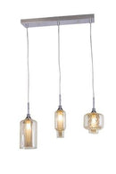 LÁMPARA DE TECHO COLGANTE 3XG9 MAX 28W( NO INCLUIDO) DIMESIONES: L-450MM W-80MM H-1200MM ACABADO EN VIDRIO Y METAL.