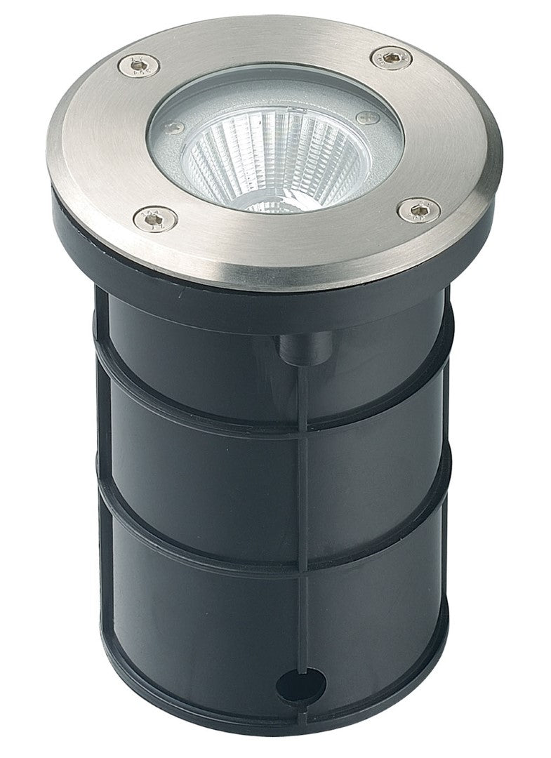 LUMINARIA PARA PISO EXTERIOR LED 7W, FORMA CIRCULAR EMITE 700LM LUZ  (3000K) BAJO CONSUMO ENERGETICO, MATERIAL DE ALUMINIO CON COBERTOR EN ACERO INOXIDABLE