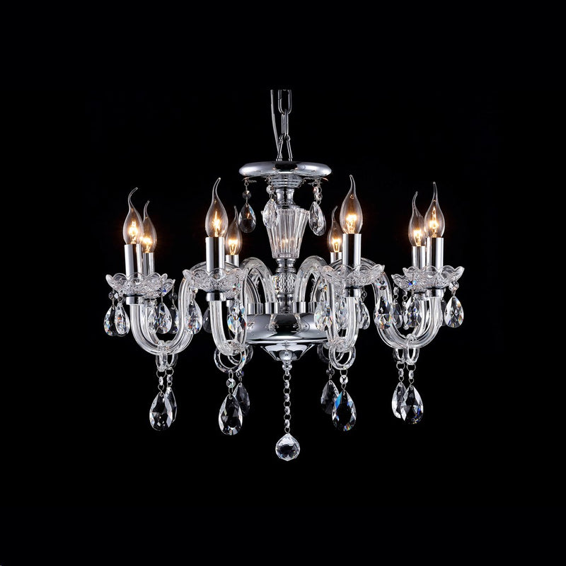 LÁMPARA DE TECHO CRISTAL COLGANTE TIPO CHANDELIER 8XE12-60W (NO INCLUIDO) 110-130V, 50-60HZ, ACABADO CHROME PLATING + CRSITAL K9.