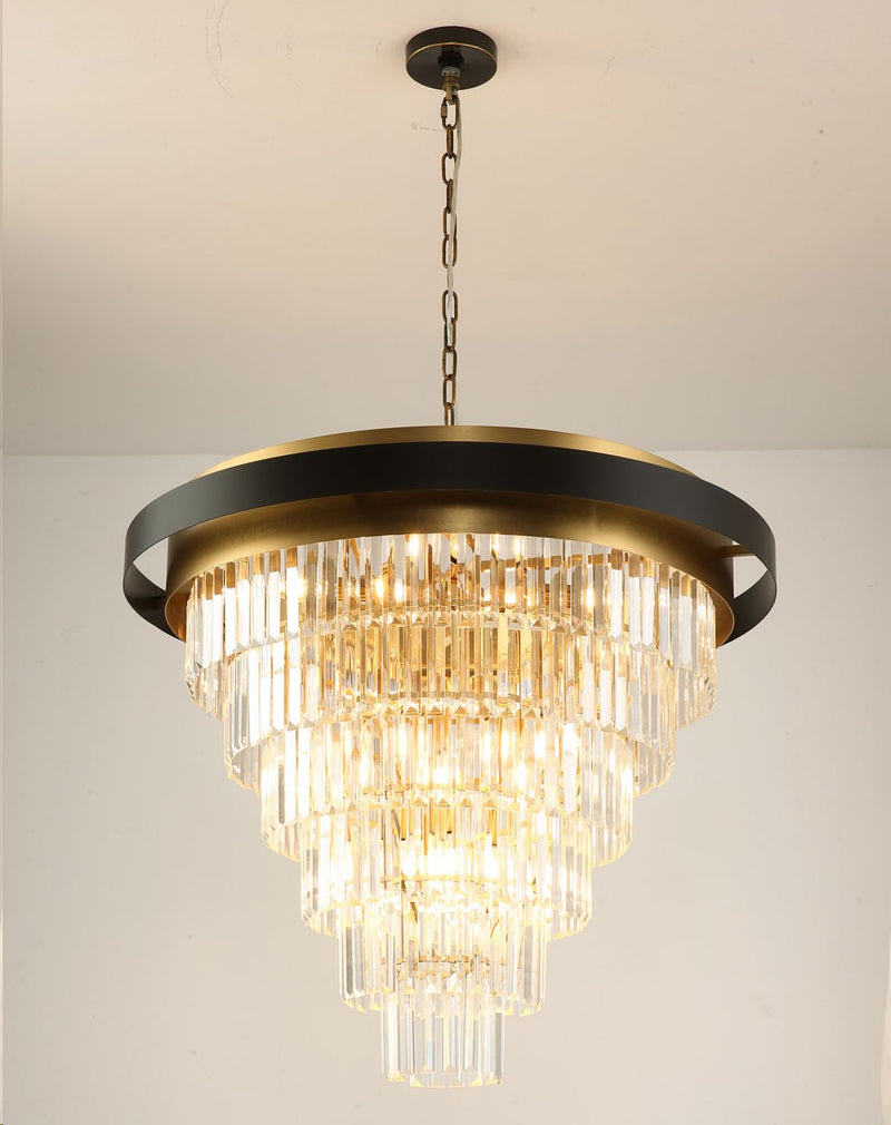LÁMPARA DE TECHO DE CRISTAL COLGANTE MODERNA DECORATIVA 12XE12-7W (NO INCLUIDO) 100-240V,50-60HZ, ACABADO CUERPO METAL GOLD PLATING + NEGRO + CRISTAL CLARO.