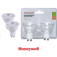 Set de 2 focos led gu10, 5w, 460lm, 4000k, 100-240v, 50-60hz, pf>0.4, cri>80, no dimeable, marca honeywell.
