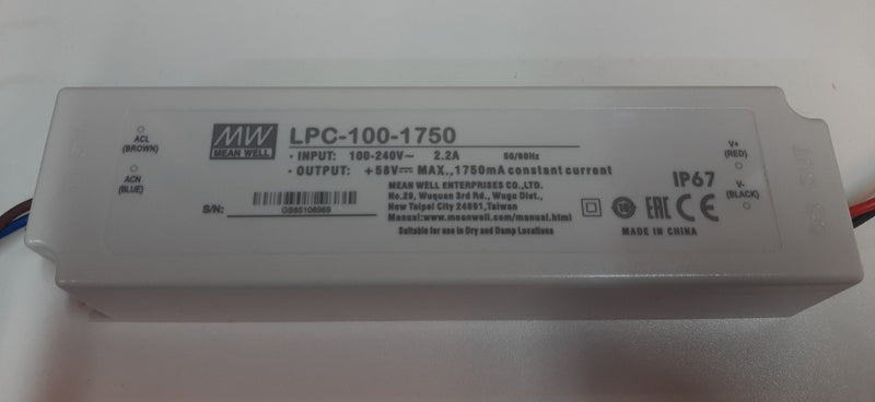 TRANSFORMADOR MEANWELL PARA LED, MODELO LPC-100-1750, IP67, 100-240V 2.2A,  58V, CONSTANT CURRENT 1750MA,