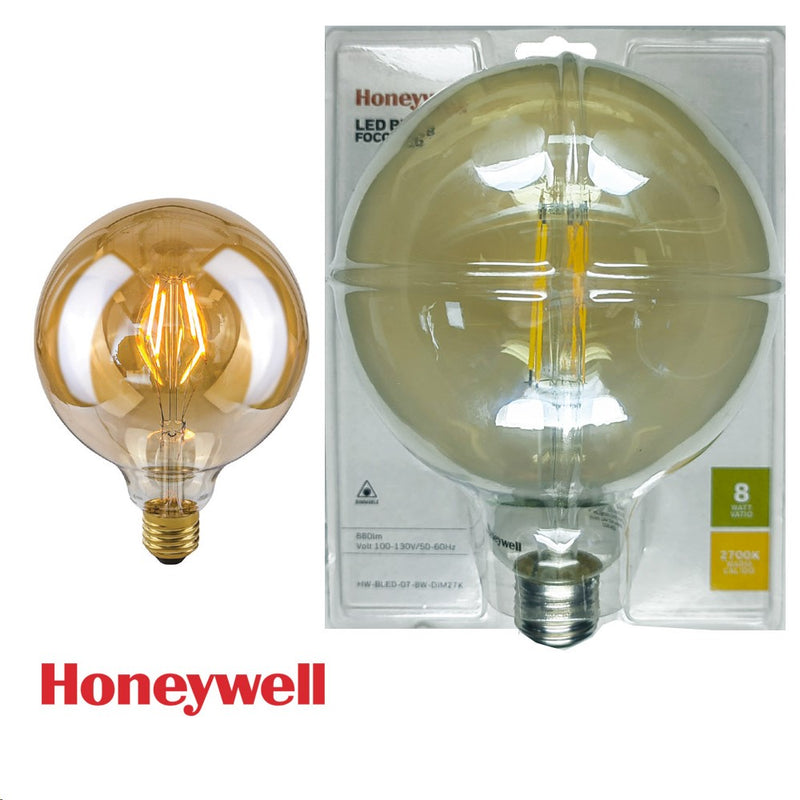 FOCO  LED FILAMENTO VIDRIO AMBAR DIMEABLE  E27, 8W, 2700K,1055LM,100-130V, 50-60HZ, PF>0.5, CRI>80, MARCA HONEYWELL.