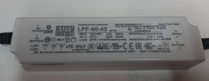 TRANSFORMADOR MEANWELL LPF-60-42 IP67, 100-277V, LED 90305VAV 42V IP67