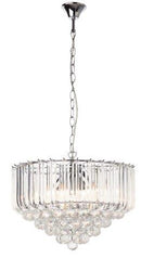 LÁMPARA DE TECHO COLGANTE EN ACRILICO CLEAR CLASS A, UTILIZA  5XE1240W MAX (NO INCLUIDOS) 110-240V 50-60Z, CUERPO CROMADO