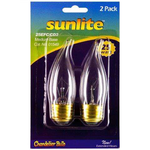 FOCO CANDLE CLEAR TWIN PACK, INCANDESCENTE, BASE MEDIANA  E27, 25W MARCA SUNLITE , EXTENDED HOURS LIFE PRODUCT